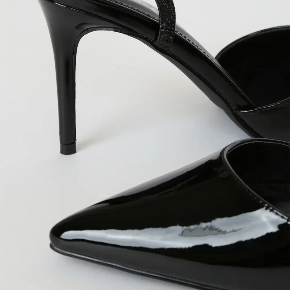 Lulu's Sagaa black patent Pointed toe sling back Heels 4 inches woman's 6.5